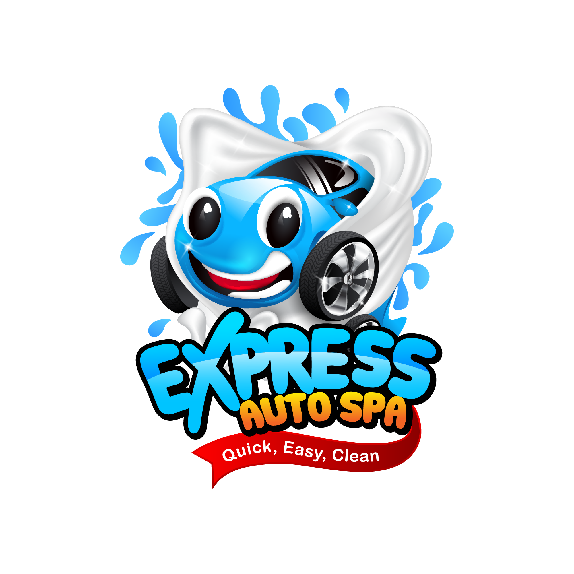 Express Auto Spa Logo - Cartoon blue car with smiling face surrounded by soap and water